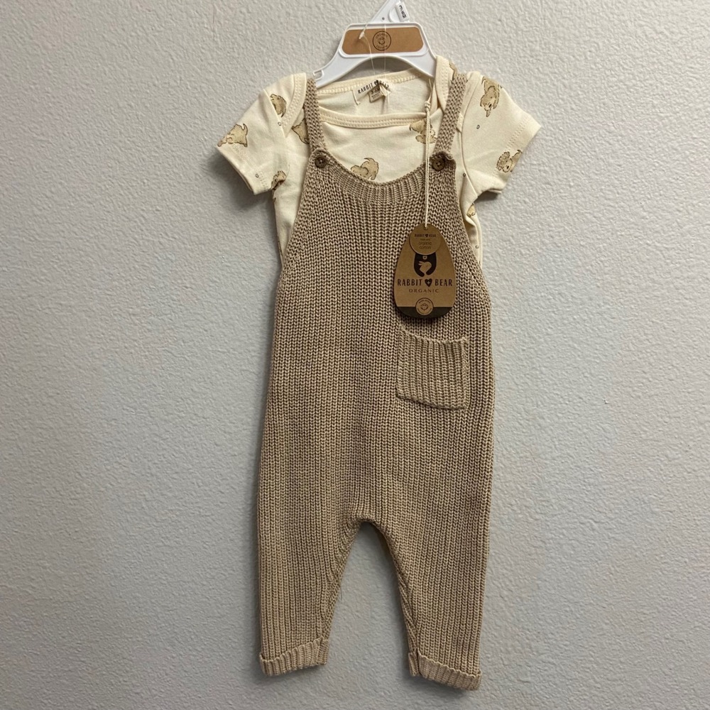 Rabbit + Bear Boys 3-6M Tan Knit Overalls Dog Print Set NEW Organic Cotton